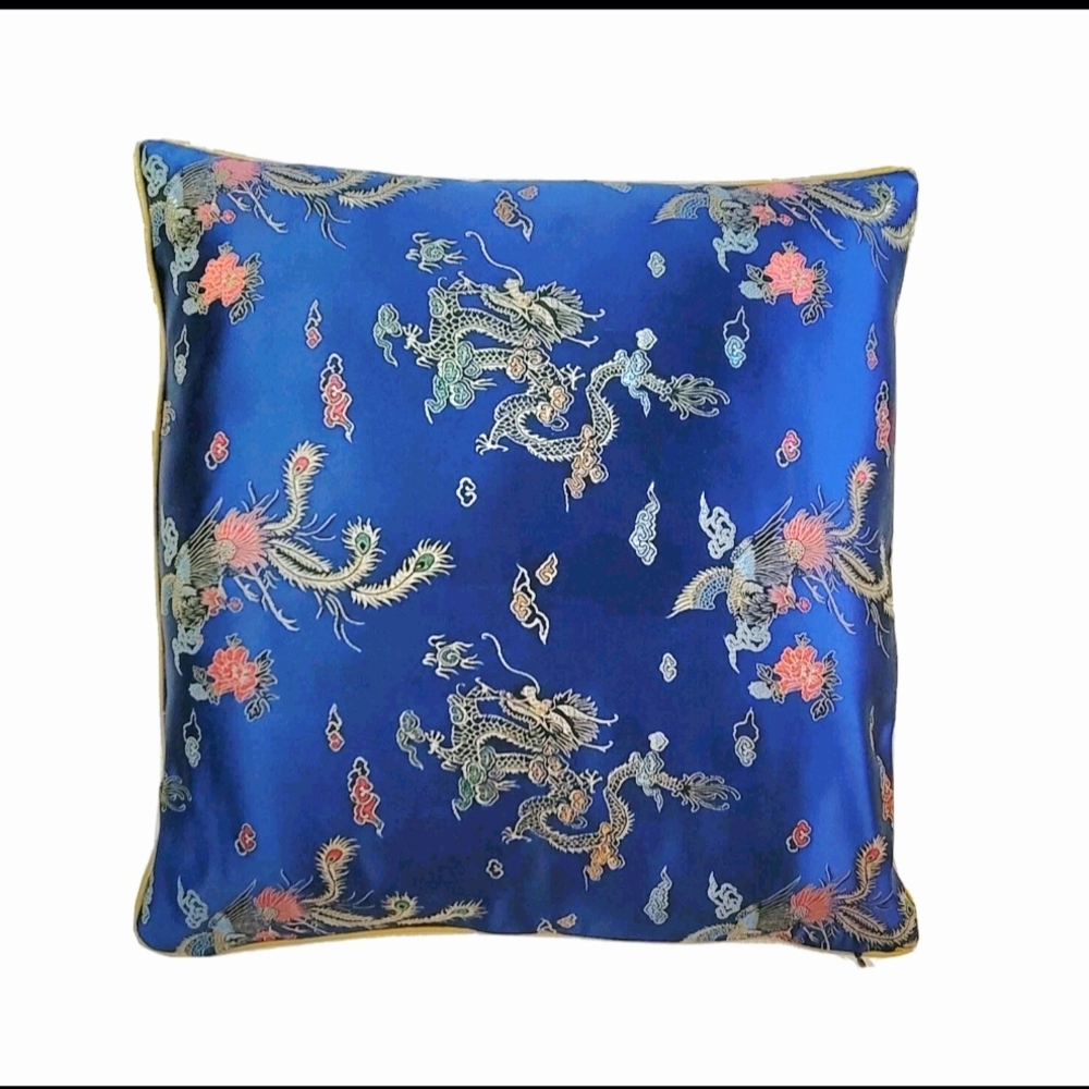 Shanghai Satin Dragon Brocade Motif Navy Pillow 16" Square Zipper Closure